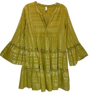 Elan Clara Gold Tiered Cotton Blend Mini Dress or Tunic w/ Bell Sleeves - Large